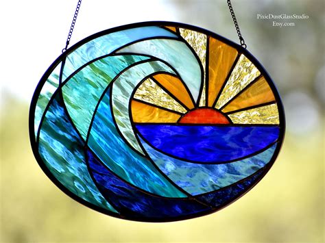 Stained Glass Suncatcher Ocean Wave At Dawn Oval Shaped Stained Glass Window Ocean Scene