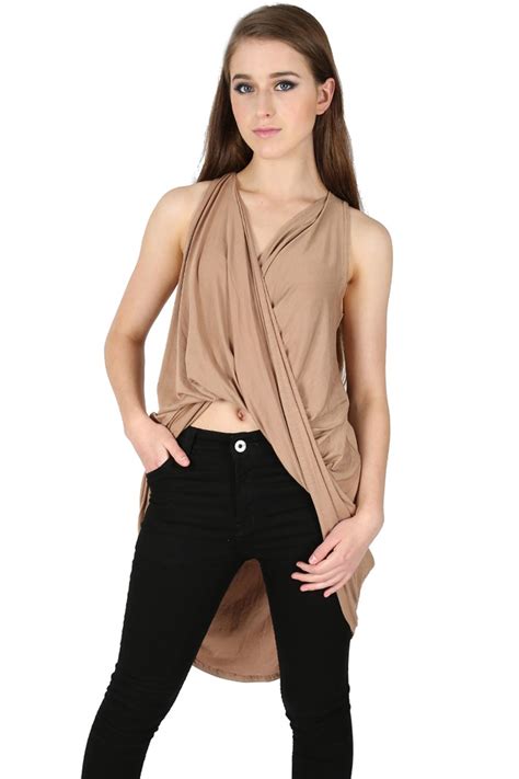 Womens Cross Fold Twisted Top Ladies Longline T Shirt Drape Deep Plunge