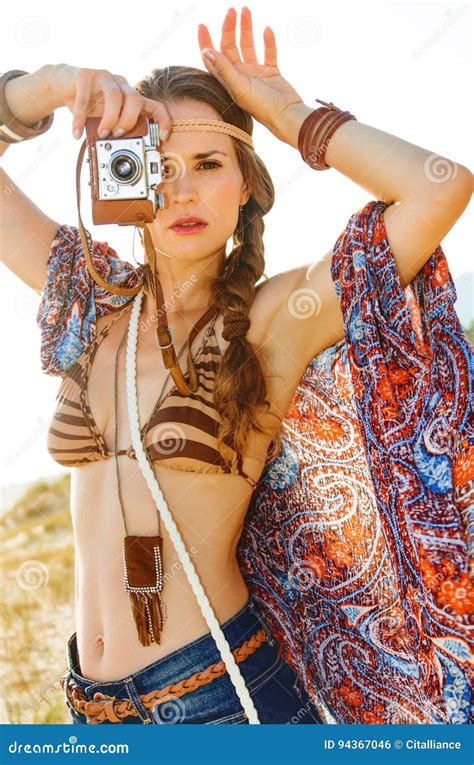 Trendy Hippie Outdoors In Evening With Retro Photo Camera Stock Photo Image Of Portrait