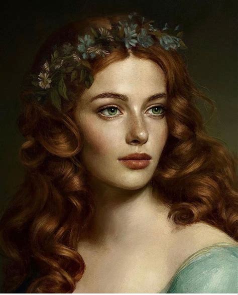 A Painting Of A Woman With Long Red Hair Wearing A Wreath Of Flowers On Her Head