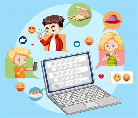 Laptop With Social Media Emoji Icon Cartoon Style Isolated On Blue
