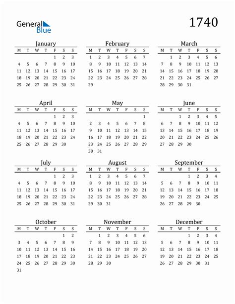 Year 1740 Free Printable 12 Month Calendar