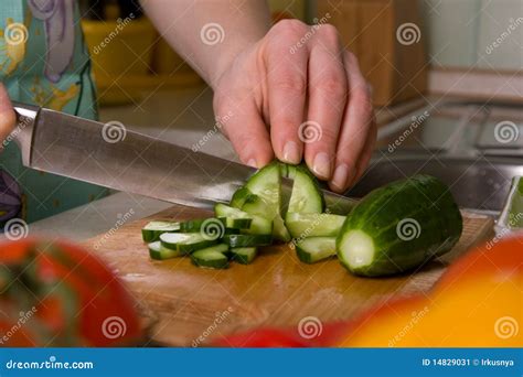 Hands Of Cook Cutting Cucumber Stock Image Image Of Action Sharp