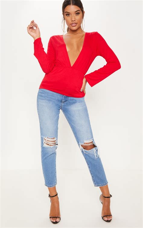Red Deep Plunge Top Tops Prettylittlething Aus