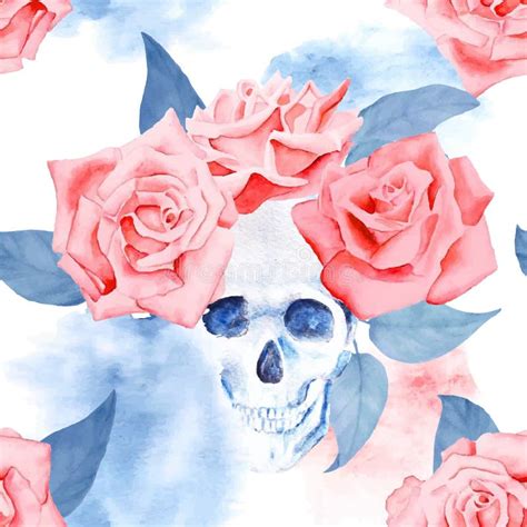 Watercolor Skull And Roses Pattern Stock Vector Illustration Of