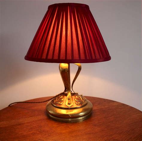 Art Nouveau Brass Table Lamp With Pleated Red Shade Latest Stock