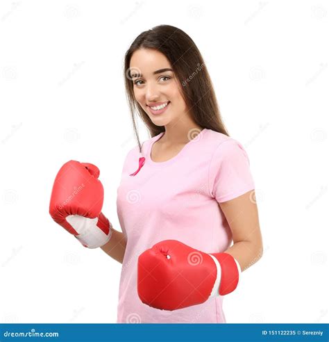 Beautiful Woman With Pink Ribbon And Boxing Gloves On White Background