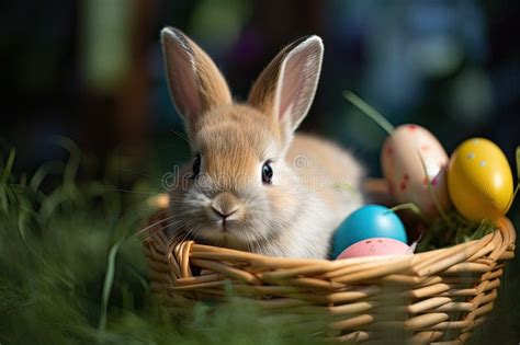 Cute Little Bunny With Easter Eggs In A Basket On Green Grass Cute