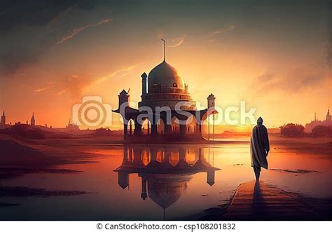 Arabian Silhouette Approaching A Mosque At Sunset Generative Ai