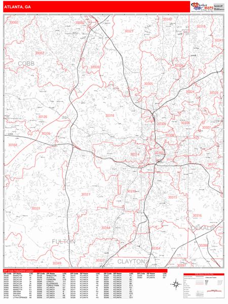 Atlanta Georgia Zip Code Wall Map Red Line Style By Marketmaps