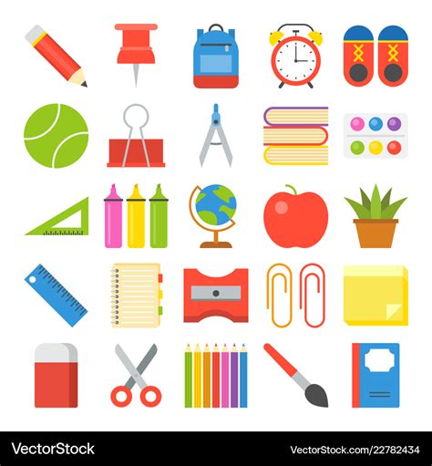 School Supplies Icon Set In Flat Design For Back Vector Image