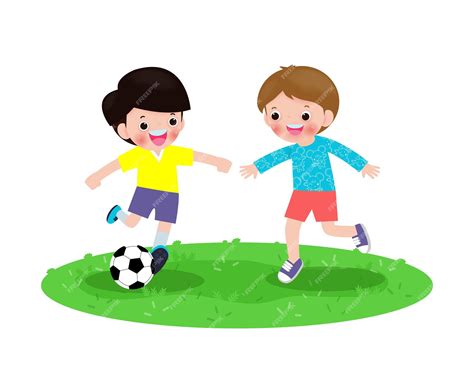 Premium Vector Two Little Boys Play Football Happy Children Playing