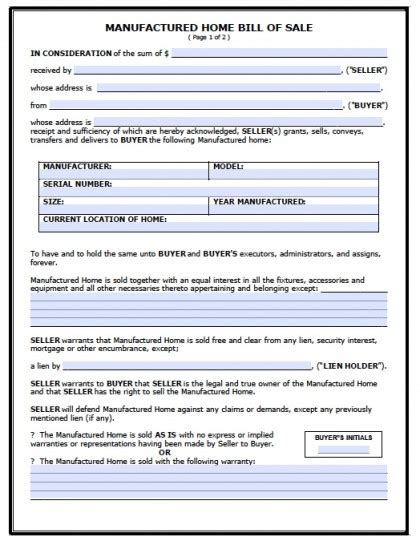Free Printable Mobile Home Bill Of Sale Form