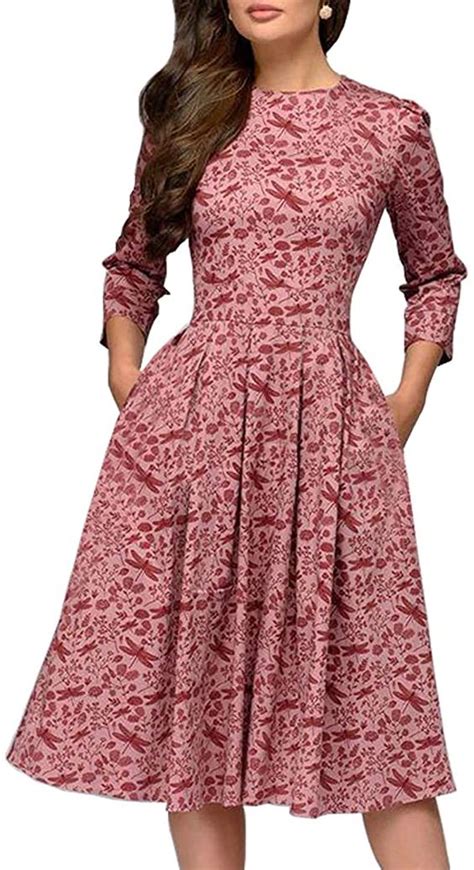 Simple Flavor Womens Floral Evening Flare Vintage Midi Dress 34 Sleeve Its Women Fashion