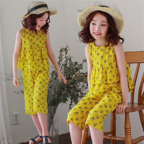 Yellow Color Girls Clothing Sets 2018 New Summer O Neck Sleeveless T