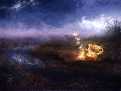 Tapeta na monitor Fantasy řeka mlha oheň holka kouzlo