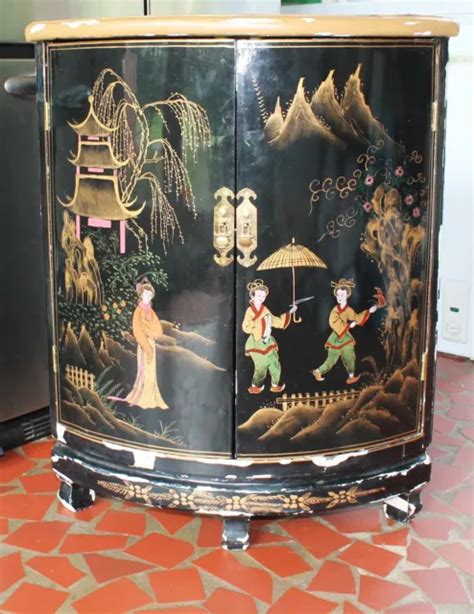 Vtg Oriental Chinese Furniture Black Lacquer Corner Cabinet Girl Lady