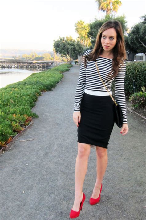 Black And White Stripe Top Black Pencil Skirt Red Shoes Sydne Style