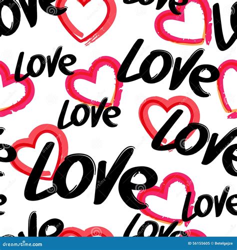 Vector Seamless Pattern With Hand Drawn Word Love And Red Heart