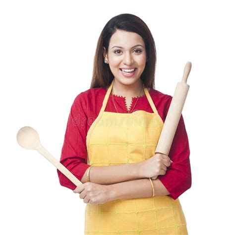 Wcwoman Holding Rolling Pin And Wooden Spoon Stock Image Image Of Color Present