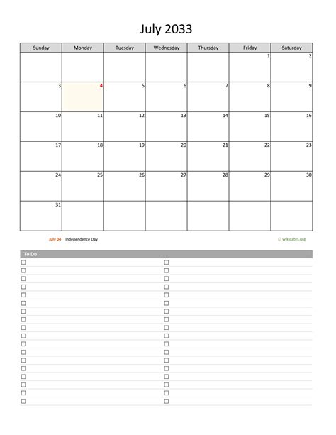 July 2033 Calendar With To Do List