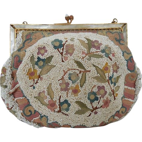 Vintage French Tambour Embroidered Microbeaded Evening Purse W Mirror