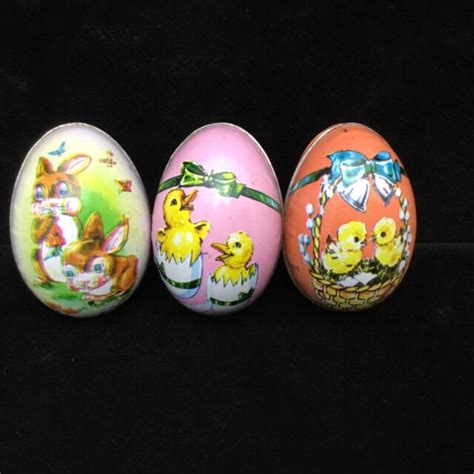 3 Vintage Murray Allen Easter Egg Tin Litho Candy Containers Hong