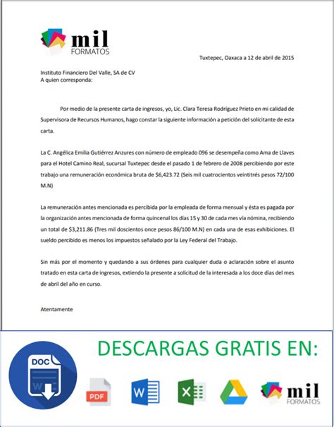 Carta De Ingresos 【 Ejemplos Y Formatos 】word Pdf 2022