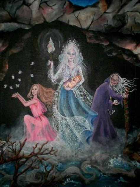 A Painting Of Three Women Walking Through A Cave With Butterflies In