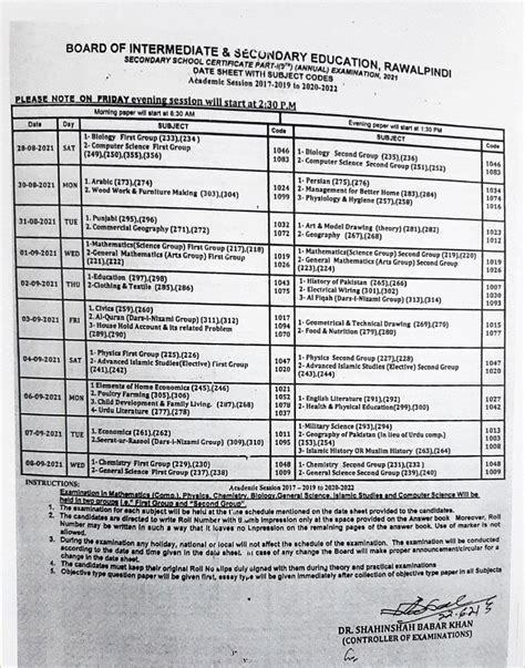 Bise Rawalpindi Board 9th Class Date Sheet 2024