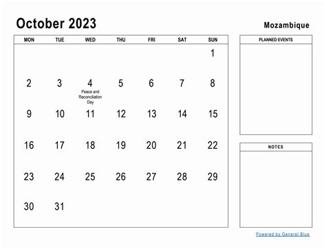 October 2023 Planner With Mozambique Holidays