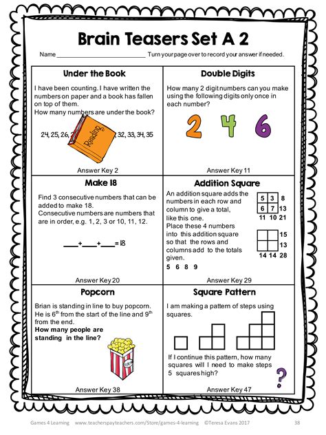 Math Brain Teasers Set A Task Cards And Worksheets Math Problems Logic