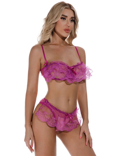 rose red bras lingerie for woman fuchsia ruffles polyester sexy lingerie 2 piece set