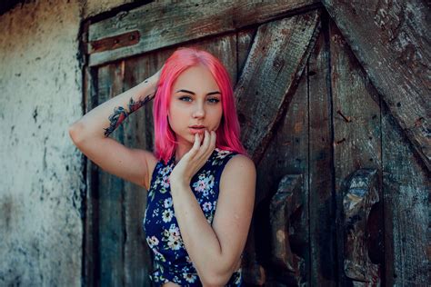 Wallpaper Women Pink Hair Portrait Tattoo Dyed Hair Blue Eyes 2560x1707 Motta123