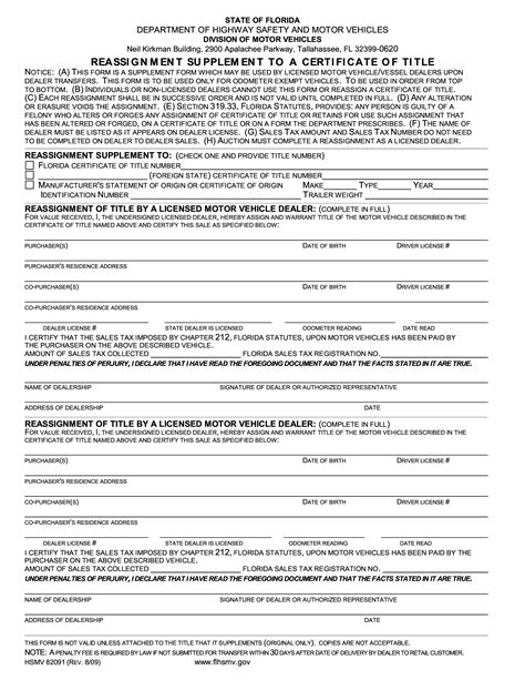 Form Hsmv 82091 Reassignment Supplement To A Certificate Of Title