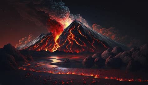 Illustration Painting Of Night Landscape With Volcano And Burning Lava