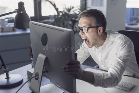 Angry Office Worker Shouting At The Computer Stock Photo Image Of