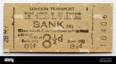 1950s London Transport Underground Or Tube Train Ticket From Bank