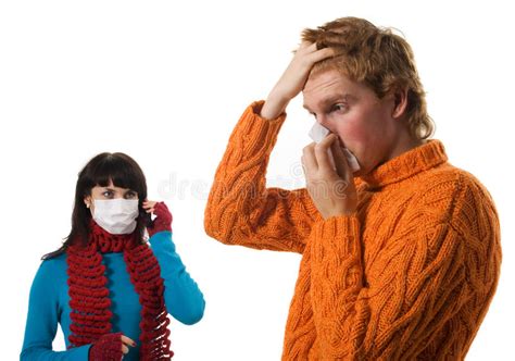 Man And Woman Sneezing Coughing Sick Woman And Man Have Cold Flu And