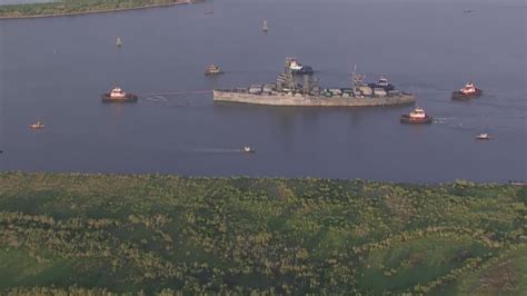 Aerial View The Iconic Battleship Texas On The Move At Sunrise