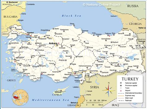 Carte de la turquie montre frontière internationale, les limites des provinces avec leurs capitales. Carte de la Turquie - Relief, Administrative, Régions, Climat