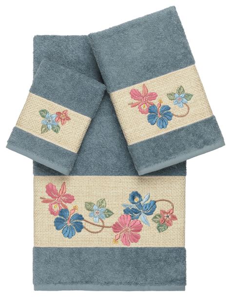 Caroline 3 Piece Embellished Towel Set Tropical Bath Towels By