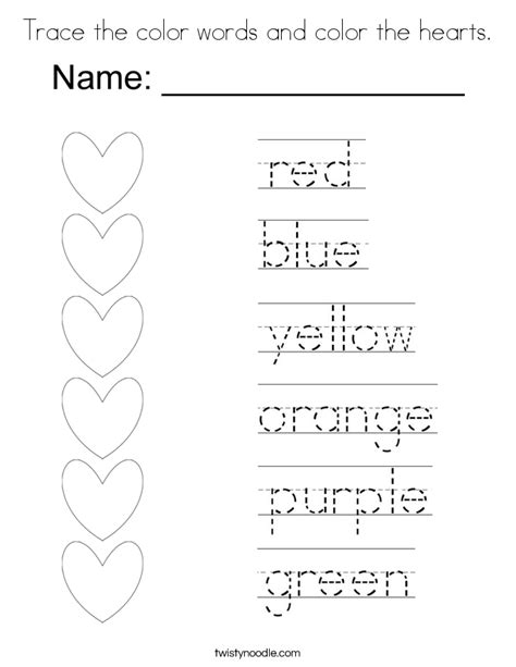 Trace The Color Words And Color The Hearts Coloring Page Twisty Noodle