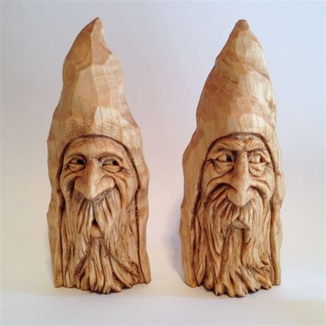 Couple Of Wizard Wood Spirit Wood Carvings By Scott Longpre Unique