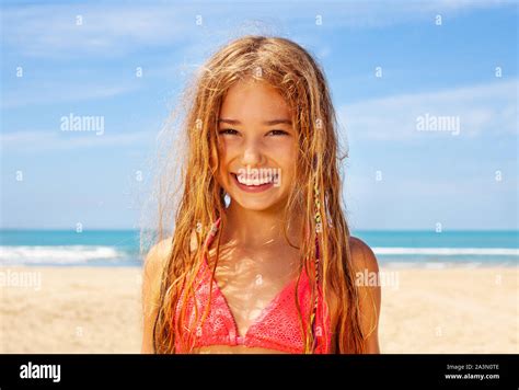 Smiling Long Hair Blond Girl On The Beach Stock Photo Alamy