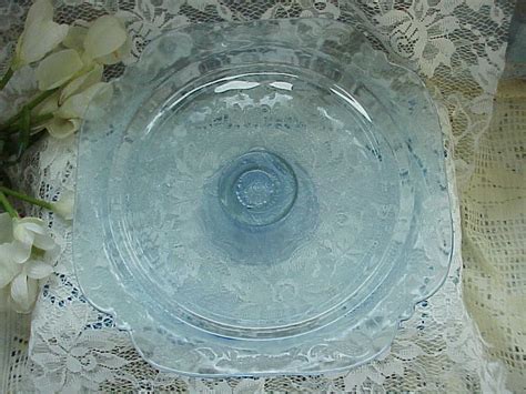 Blue Depression Glass Pedestal Cake Plate Madrid Pattern Etsy