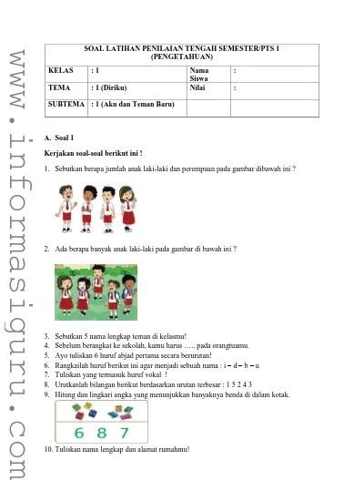 Soal Latihan Pts Elas 1 Sdmi Tema 1 Subtema 13 Revisi 2017