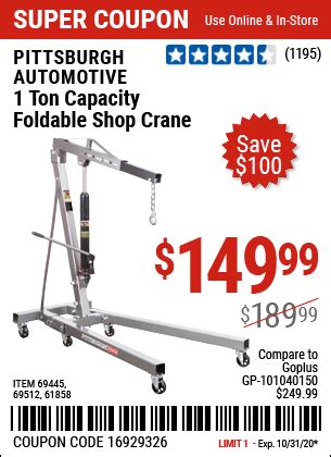 Harborfreight.com has painting equipment that will help you repaint the living room to surprise your family, and you can browse online for led lights to set up for. PITTSBURGH AUTOMOTIVE 1 Ton Capacity Foldable Shop Crane ...