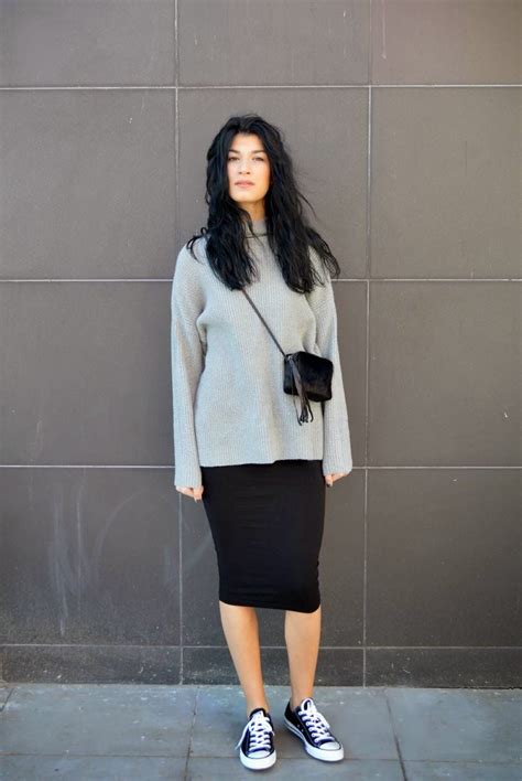 women s grey knit oversized sweater black midi skirt black and white canvas low top sneakers