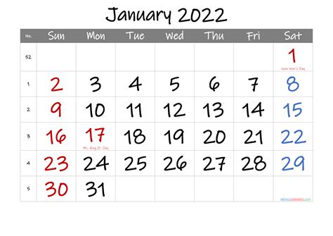 United States January 2022 Calendar With Holidays January 2022